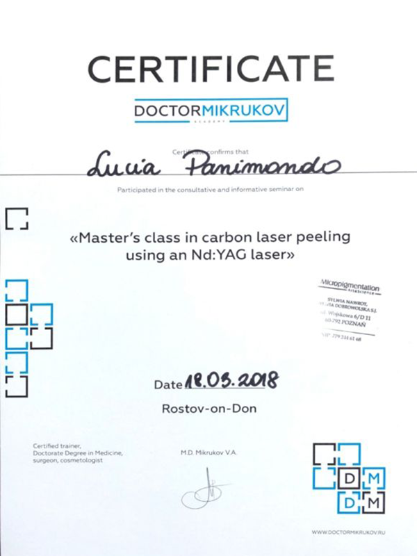 Lucia Panimondo Certificato Carbon Laser Peeling