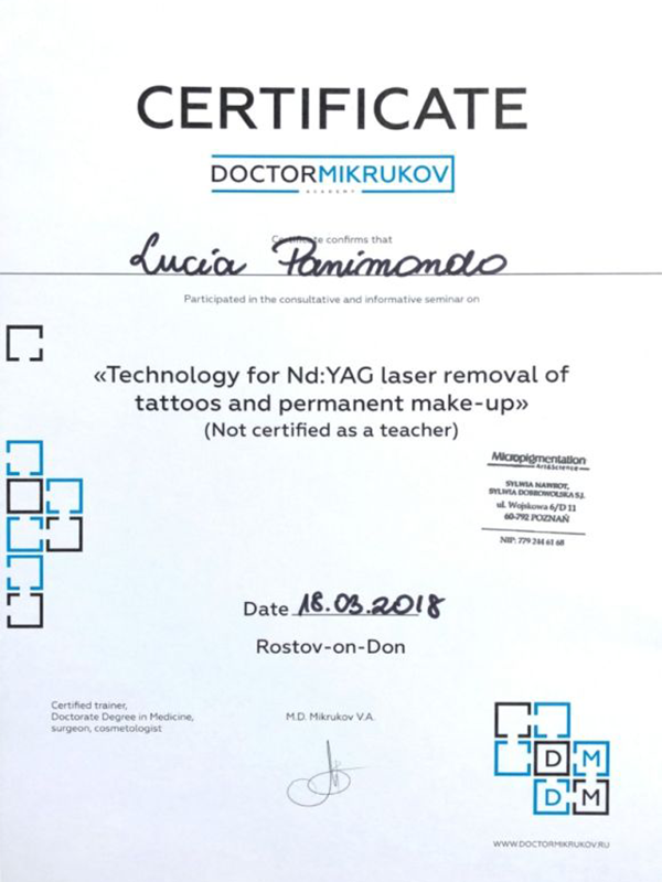 Lucia Panimondo Certificato rimozione trucco permanente laser